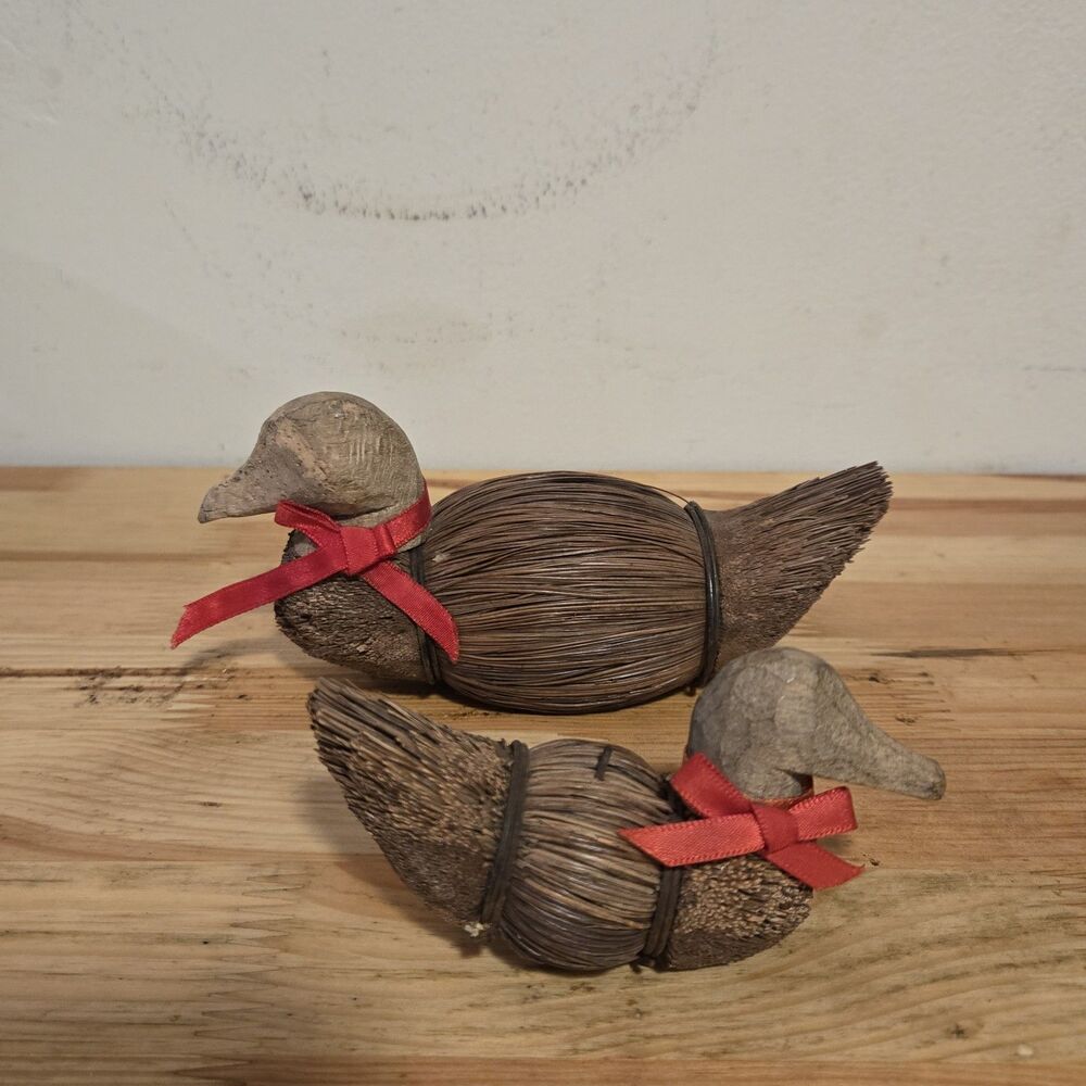 Vintage Broom Duck Figurines Set of 2 Wooden‎ Head Farmhouse Country Decor